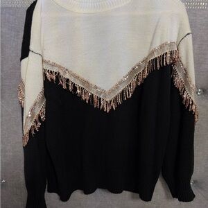SHEIN Black and Cream Sweater with Sequin Fringe